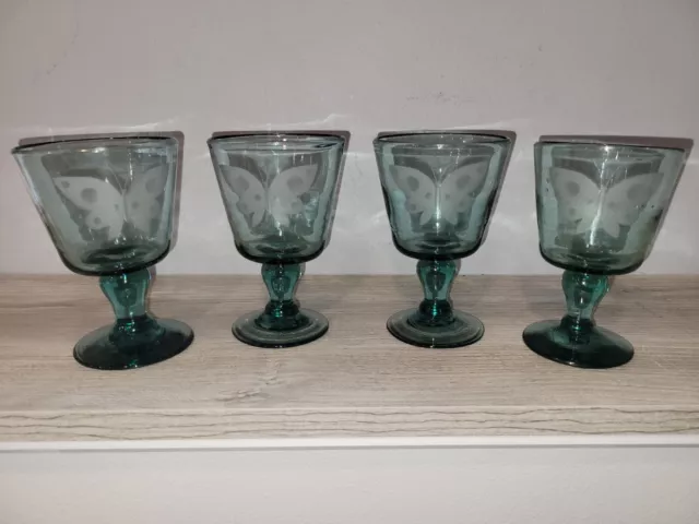 4 Antique Hand Blown Aqua Goblets With Etched Butterfly Pattern. Beautiful Set!!