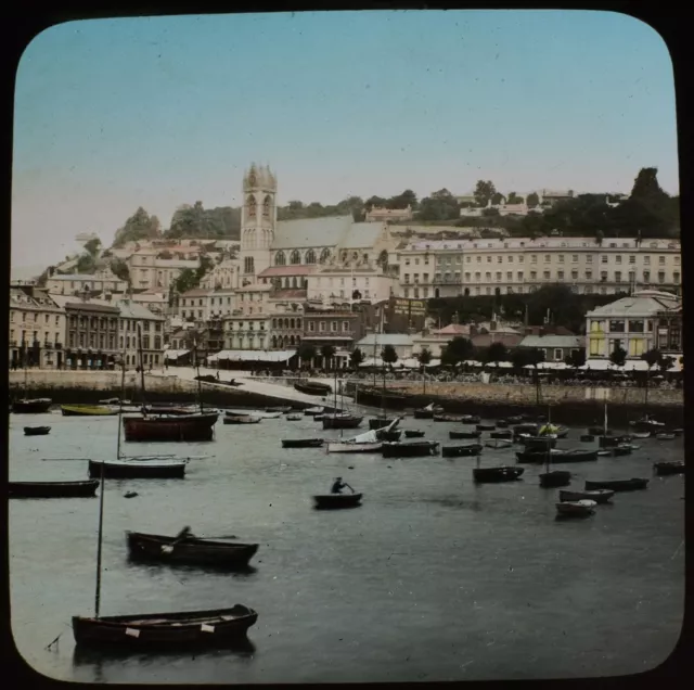 ANTIQUE Magic Lantern Slide TORQUAY HARBOUR C1910 PHOTO DEVON FISHING BOATS