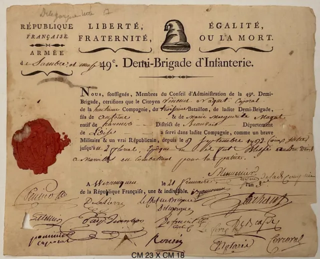 REPUBLIQUE FRANCAISE 49a DEMI BRIGADE D'INFANTERIE 1792 CONGEDO