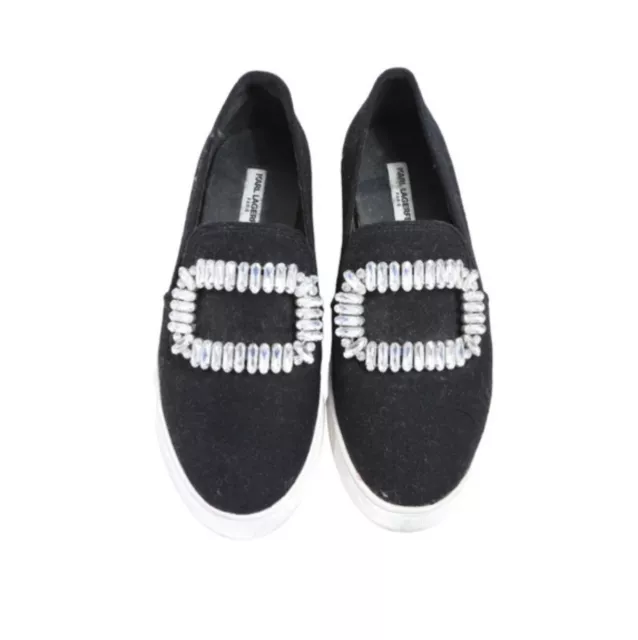 KARL LAGERFELD ERMINE Black Suede With Rhinestone Buckle Slip-On Sneakers 38.5