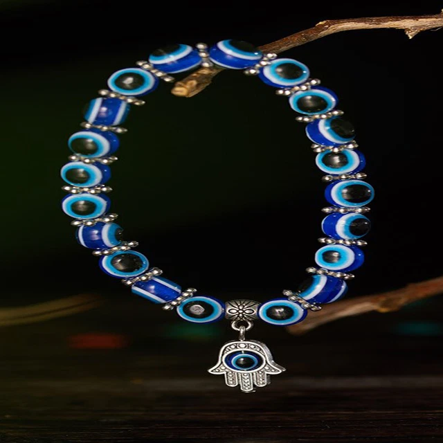 Turkish Evil Eye Bracelets Blue Bead Bracelet Mens Womens Hamsa Hand Elastic