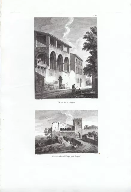 2 VEDUTE DI ANAGNI e VIETRI  , di Bourgeois ,  incisione su rame, 1804