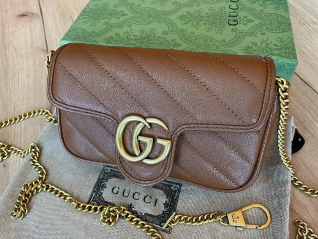 Gucci Matelassé Brown Leather Marmont Super Mini Bag Gold GG Purse Genuine