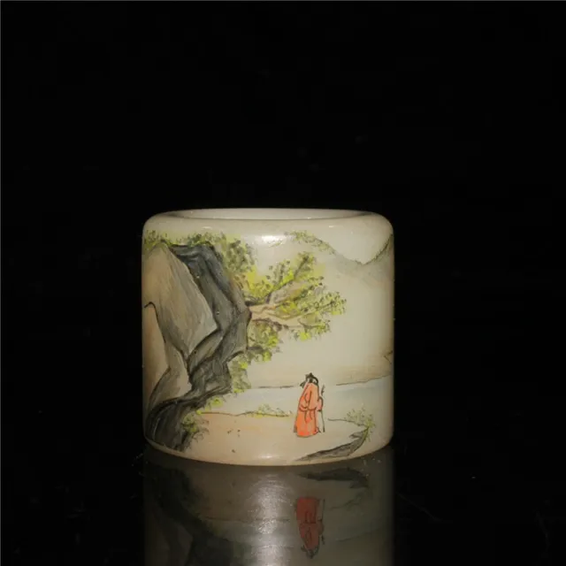 1.57" Chinese old  coloured glaze Hand painted scenery pattern Fingerstall Ring