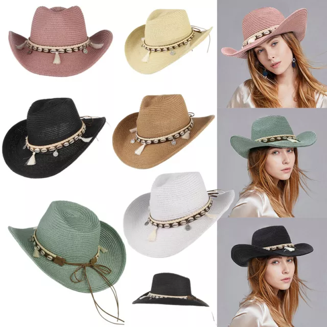 Frauen Sommer Cowboy Hut Wide Brim Beach Shell Quasten Strohhüte Sonnenkappen