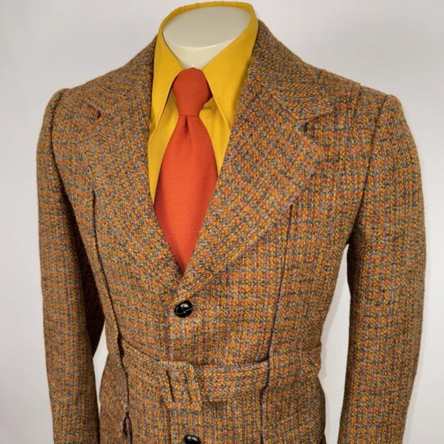 Vintage 60s 70s Pea Coat Blazer Jacket Belted Harris Tweed Wool Disco Mens Small