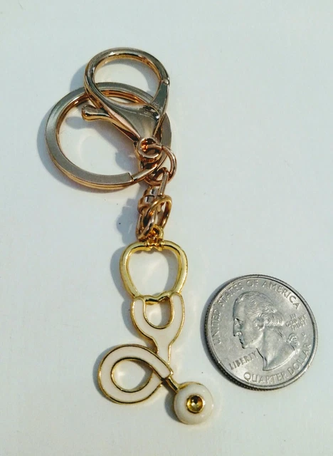 Stethoscope Keychain- White Enamel & Gold Keyring Clasp Nurses, Doctors, Medical