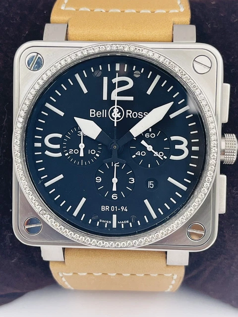BELL & ROSS BR01-94 Auto Men Chrono 46MM Watch AFTERMARKET DIAMOND BEZEL 2 bands BELL & ROSS BR01-94 Auto Men Chrono 46MM Watch AFTERMARKET DIAMOND BEZEL 2 bands