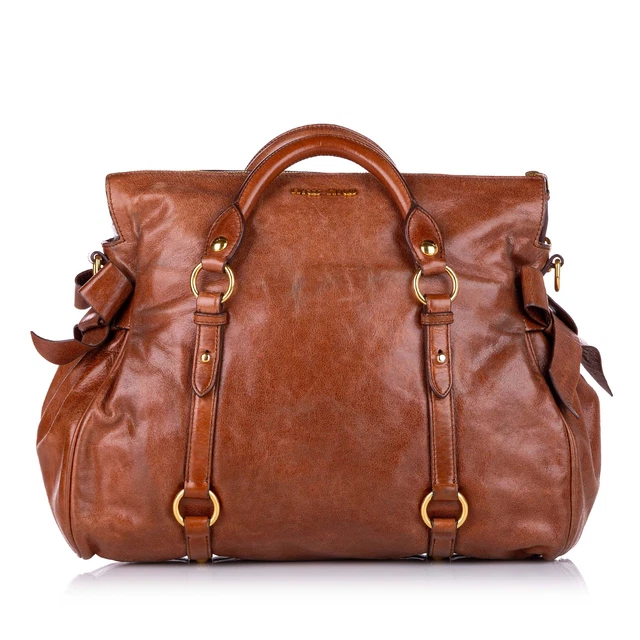 Authenticated Miu Miu Vitello Lux Bow Satchel Brown Calf Leather Handbag