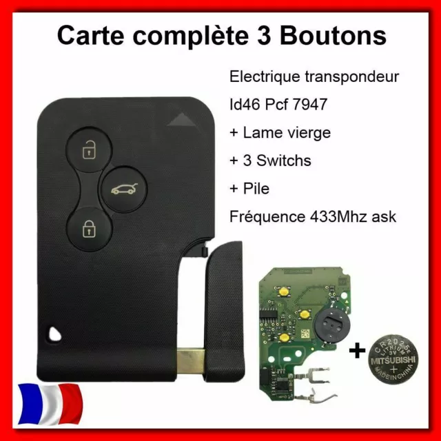 CARTE CLE VIERGE Pour MEGANE 2 PHASE 1/2 SCENIC 2 PHASE 1/2 CLIO 3 PCF7947