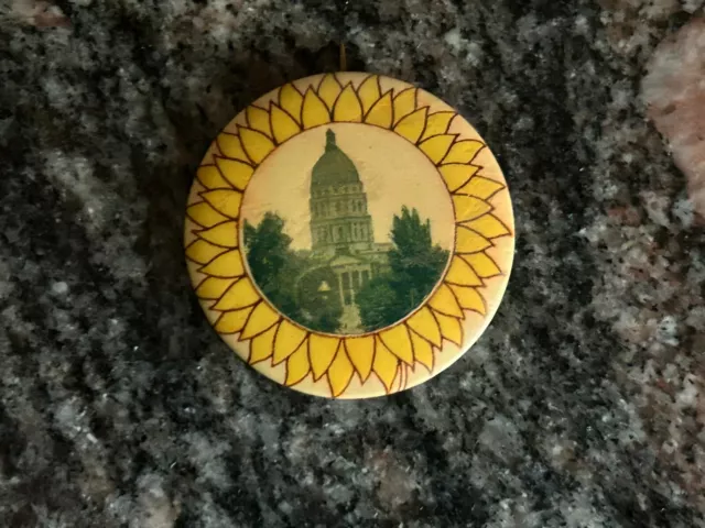 Kansas Capitol Building Sunflower Border Button Pin Pinback Trapp Topeka Vintage