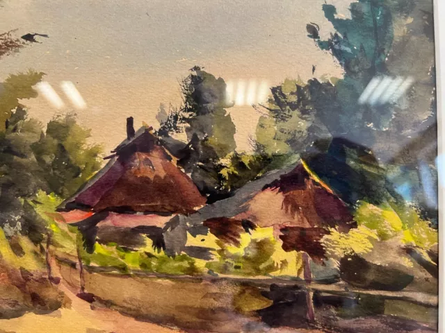 Sehr schönes Aquarell auf Papier Häuser in Landschaft