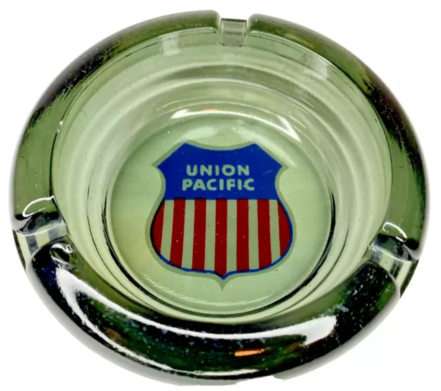 Union Pacific Railroad LOGO Ashtray 4.25" Smoked Glass Round Trains Vintage