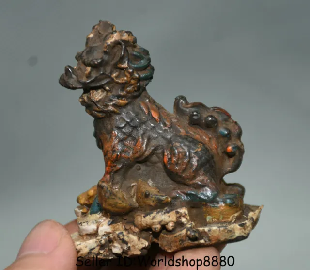 2.2"Tibet Bronze Painting Feng Shui Animal Qilin Kylin Beast Wealth Lucky Statue