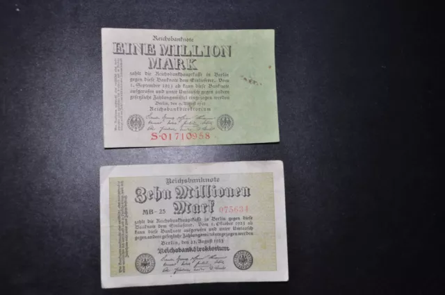 Banknoten Deutsches Reich aus 1923, 1 Million + 10 Millionen Mark (2 Stück)