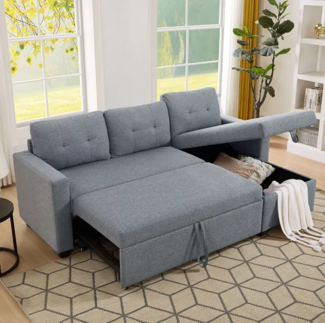 Convertible 3 Seater L-Shape Couch 3 in 1 Pull-Out Sleeper Sofa w/Storage Chaise