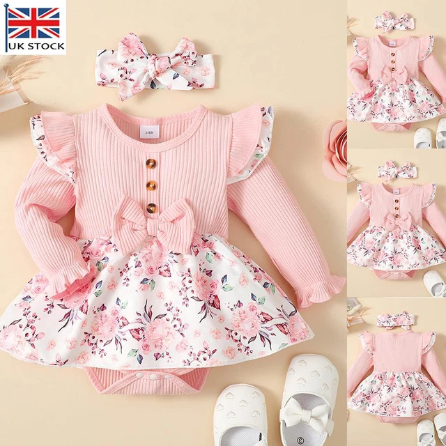 Newborn Baby Girls Floral Ribbed Outfits Romper Dress Headband Party Set Clothes