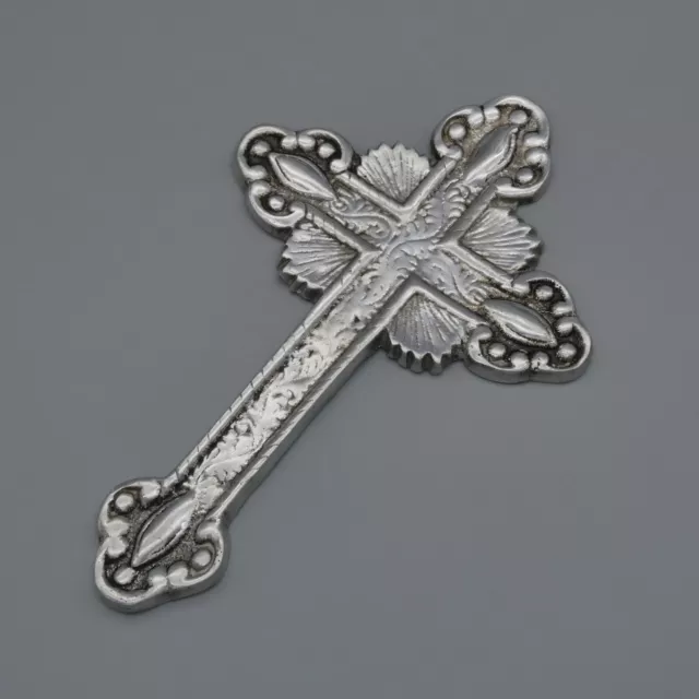 Vintage Ornate Wall Hanging Cross Scroll Rays Antiqued Aluminum Cast Metal 9.25"