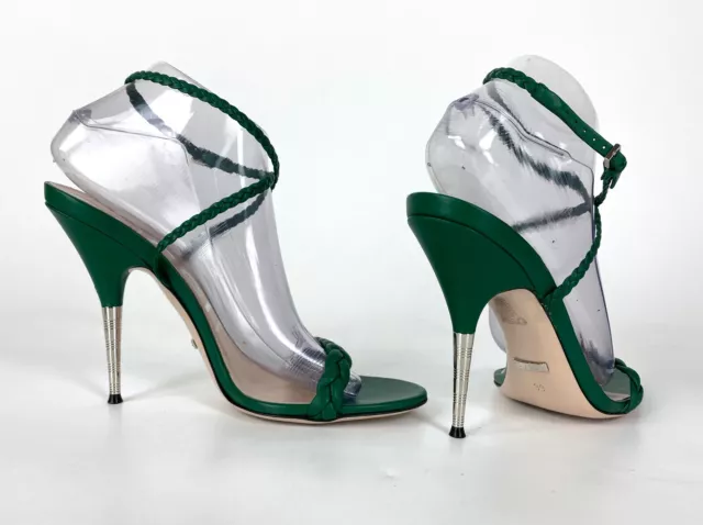 Gucci Auth 9 US 39 EU Green Leather Braided Strappy Heels Sandals Shoes Runway