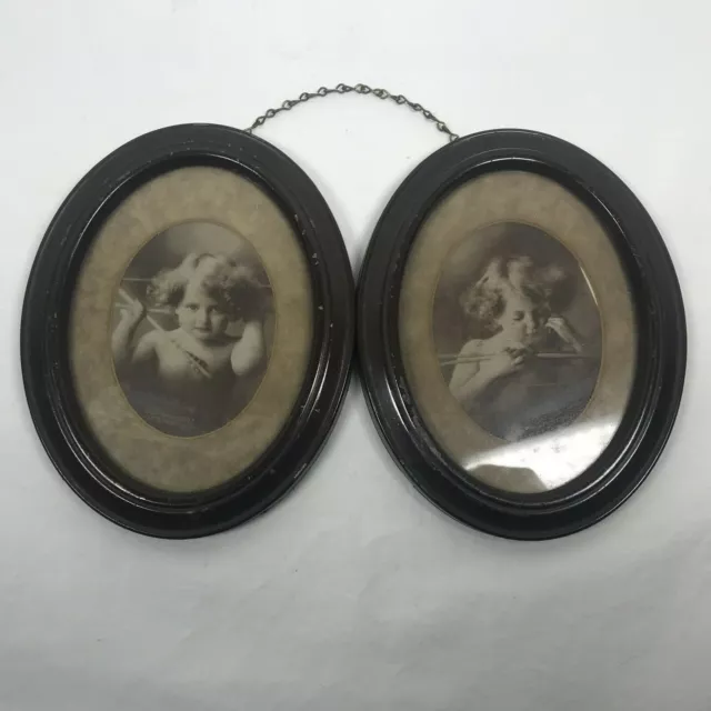 Pair Antique 1897 MB Parkinson Cupid Awake & Asleep Metal Oval Frames