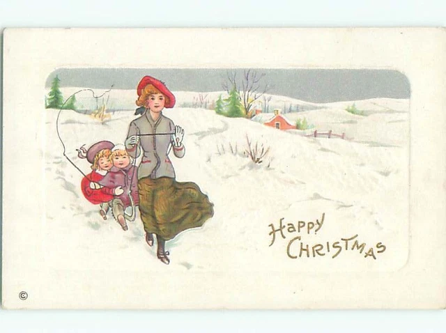 Pre-Linen Christmas BOY USES WHIP ON MOM TOWING HIS SLED AB5983