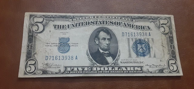 1934 Five Dollar Silver Certificate $5 Bill Blue Seal Note  Vg/Fine