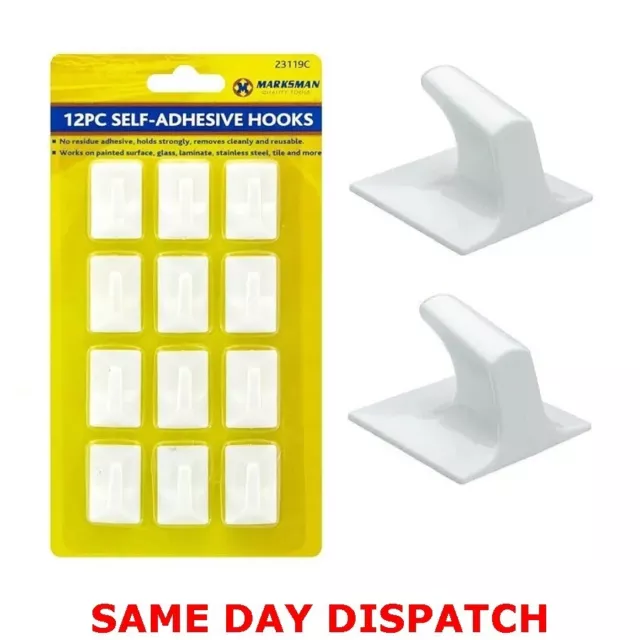 12 Self Adhesive Hooks White Plastic Strong Sticky Stick on Wall Door Hooks