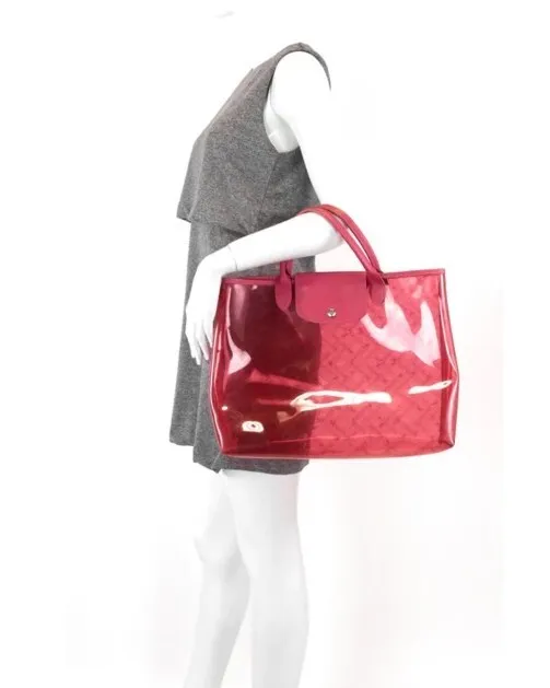 Longchamp Womens Leather Trim Tote Shoulder Bag Transparent Pink Monogram Rare