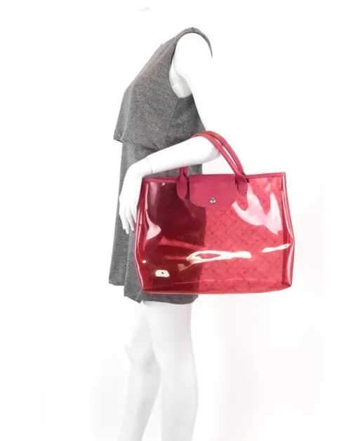 Longchamp Womens Leather Trim Tote Shoulder Bag Transparent Pink Monogram Rare