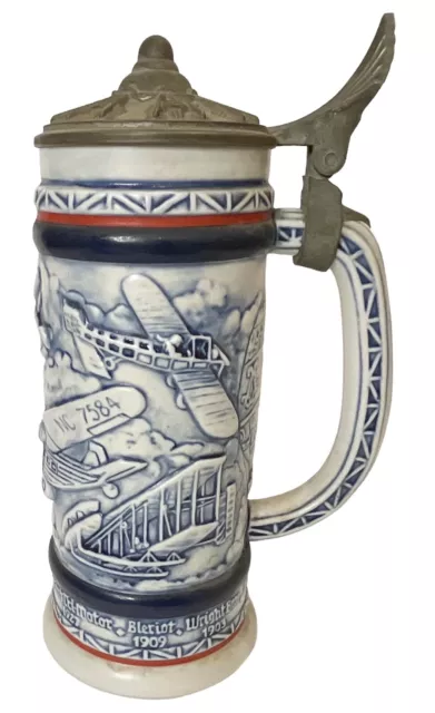 Vintage Avon by Ceramarte aviation beer stein 1981 lid and handle red white blue