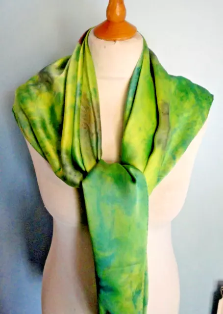 Large Hand Painted Pure Silk Square Scarf.  Green Brown Yellow TIe Dye Design