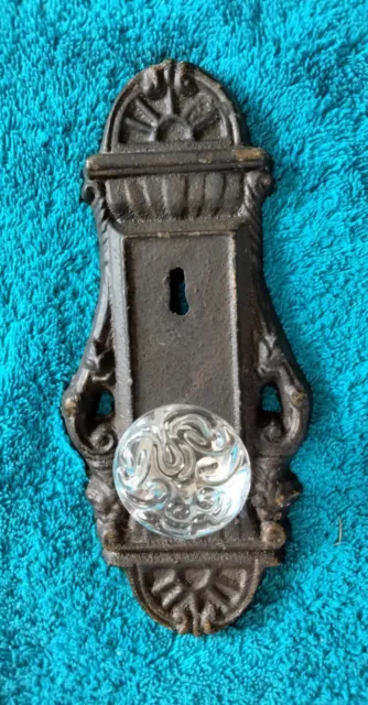 Victorian Door Plate Wall Coat Hook Glass Knob Keyhole Vintage Cast Iron