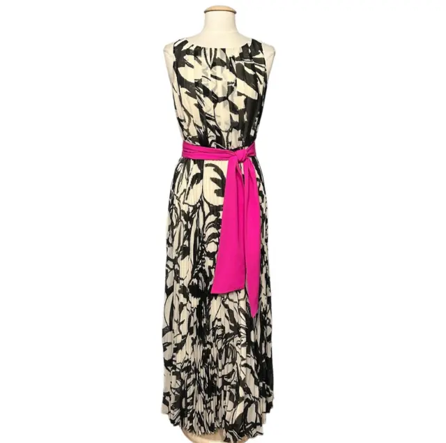Eliza J Womens Dress 6 Beige Black Chiffon Abstract Floral Pleated Maxi Party