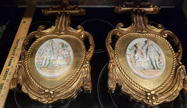 Antique Pair Scalloped Shell Wood Bisque Baroque Wall Plaque Medallians
