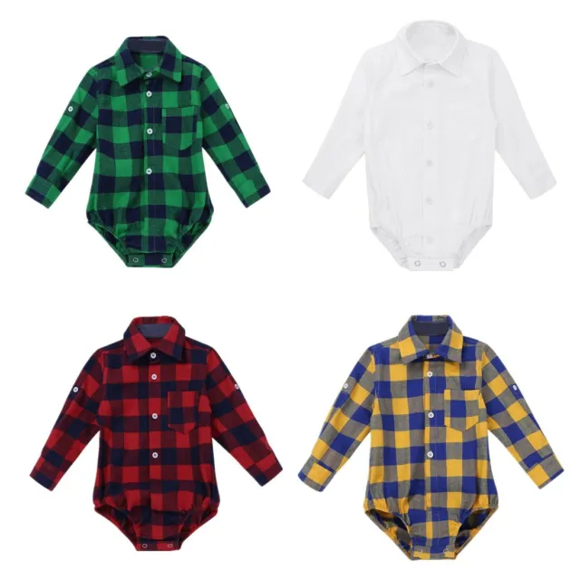 Infant Baby Boys Romper Long Sleeves Plaid Button-up Shirt Jumpsuit UK 9M-2Year