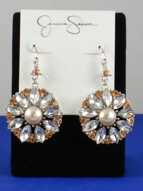 Jessica Simpson PRIMROSE Peach Clear Faux Pearl Flower Disc Drop Earrings $28