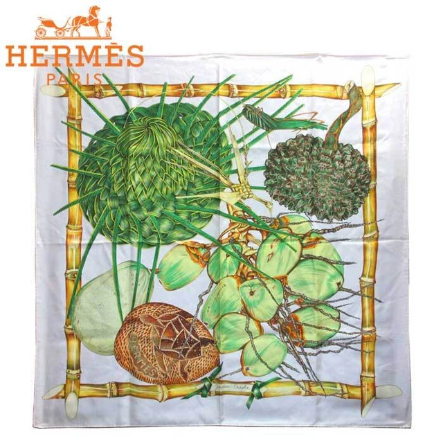 Hermes Carre 90 Scarf Jardin Creole Coconut Silk Green Multi 22M Women 34.6x35in Hermes Carre 90 Scarf Jardin Creole Coconut Silk Green Multi 22M Women 34.6x35in