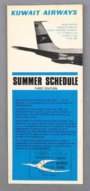 Kuwait Airways Airline Timetable Summer 1970 First Edition Schedule Boeing 707