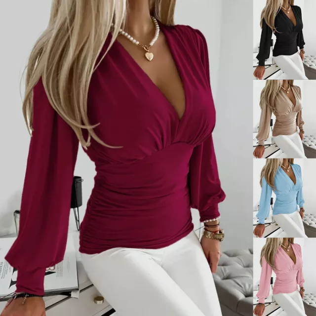 Women Slim Top V Neck Solid T-Shirt Elegant Casual Lonng Sleeve Blouse Fashion