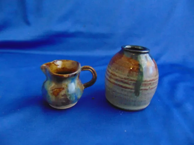 2 Miniature pottery jugs brown glaze dp pd qp initial signed art pots small clay