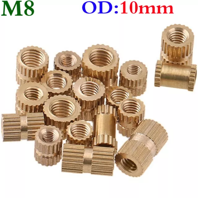 M8 8mm Outer Diameter 10mm Brass Knurled Nuts Threaded Round Insert Embedded Nut