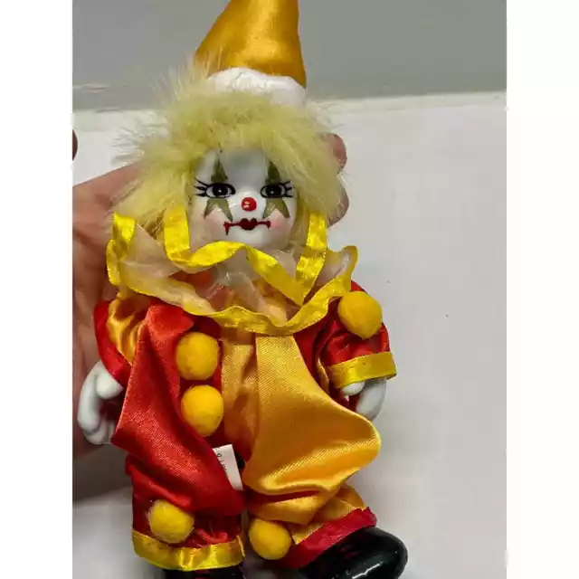 Vintage Collector's Clown Porcelain Art Figurine Doll Marionette Satin Dressed