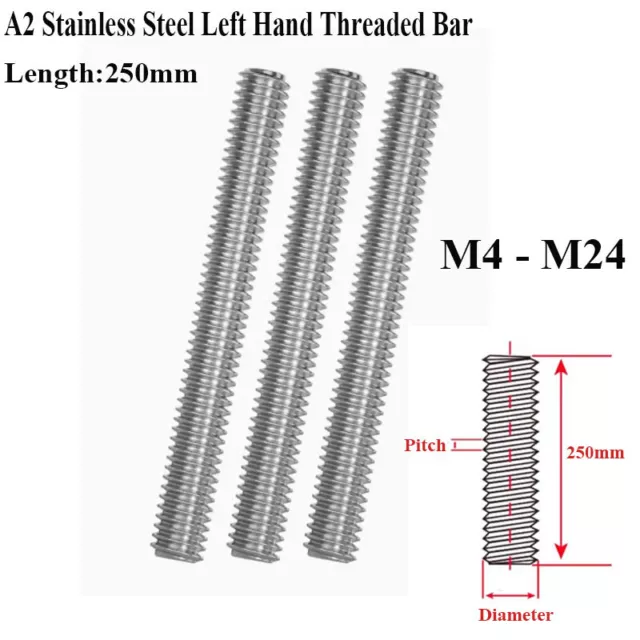 304 Stainless Steel Left Hand Threaded Bar Studs Rod M4 M5 M6 M8 M10 M12 - M24