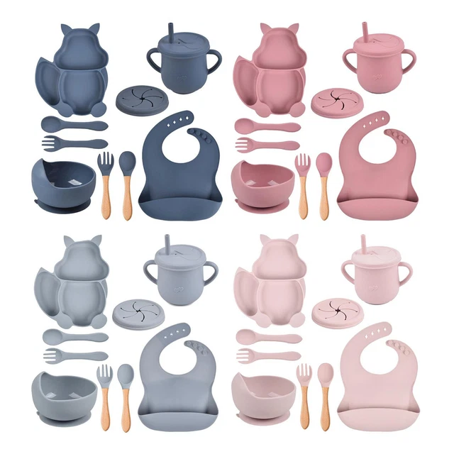 8pcs Cute Squirrel Shape Baby Feeding Set Silicone Baby Weaning Feeding Supplies