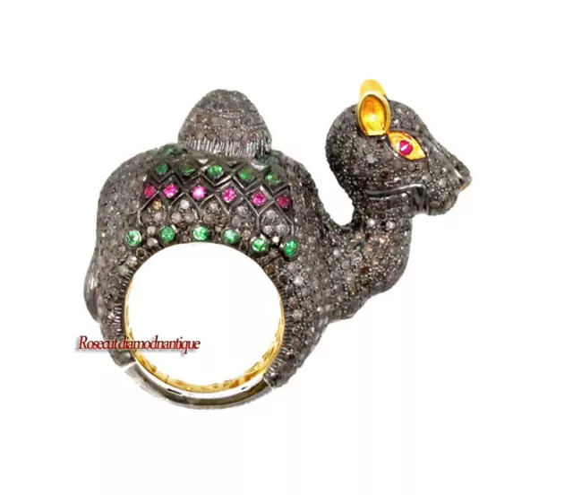 ESTATE VICTORIAN ROSE CUT DIAMOND 8.26ct SILVER RUBY & EMERALD CAMEL DESIGN RING