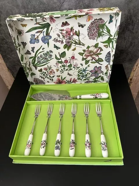 Portmeirion Botanic Garden Cake Slice & 6 Pastry Forks - NEW Boxed