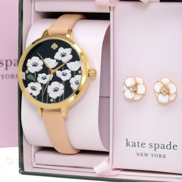 Kate Spade New York Womens Metro Flower Watch & Earrings Set, Beige Leather Band