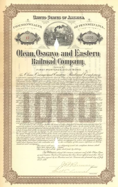 Olean, Oswayo and Eastern Railroad Co. - dated 1894 $1,000 Railway Gold Bond - P