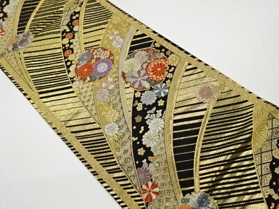 5847254: Japanese Kimono / Vintage Fukuro Obi / 24K Gold Foil / Woven Flowers