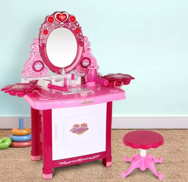 30 Piece Kids Dressing Table Set Princess Make Up jewelry Dresser Stool - Pink